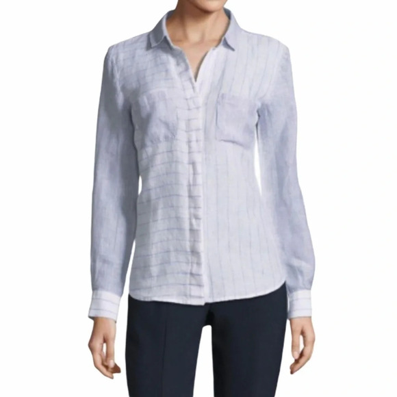 Saks Fifth Avenue Linen Striped Hi-low Button down - Picture 2 of 11